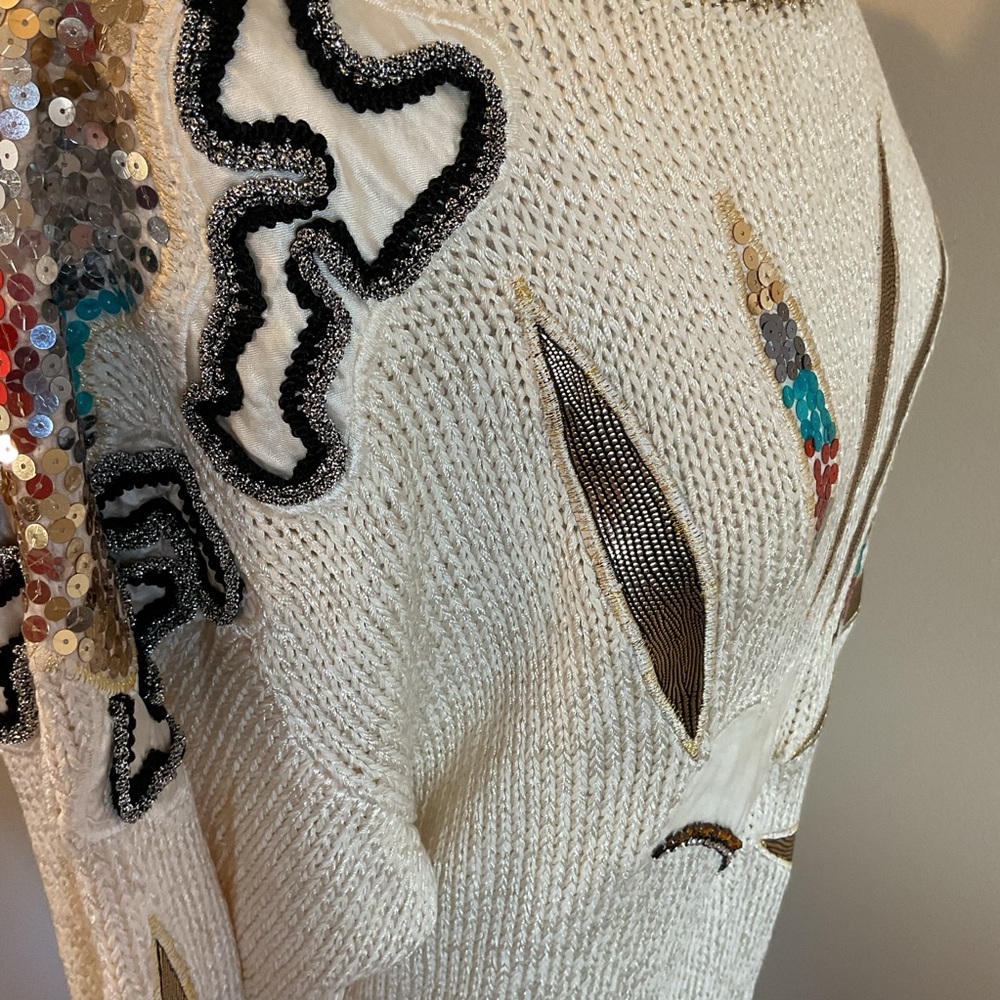 Vintage Neil's Apparel Cream Beaded Floral Sequin Sweater Large Tunic - Picture 5 of 7